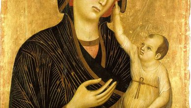 Madona e seu filho, quadro pintado sobre a técnica de têmpera.