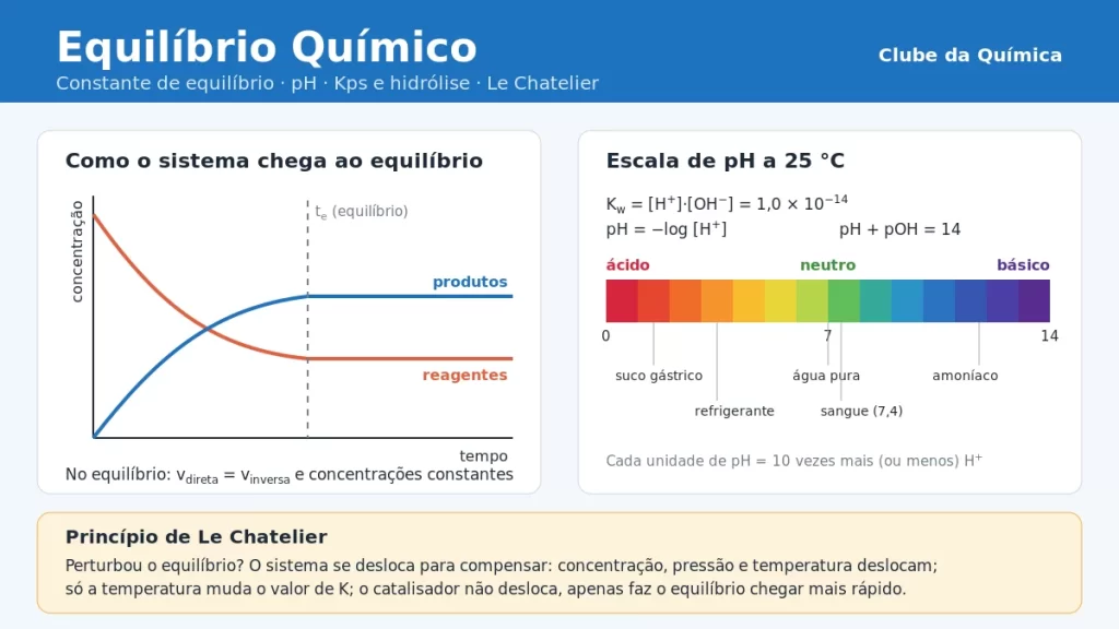 Infográfico de equilíbrio químico com o gráfico de concentração por tempo, a escala de pH e o princípio de Le Chatelier