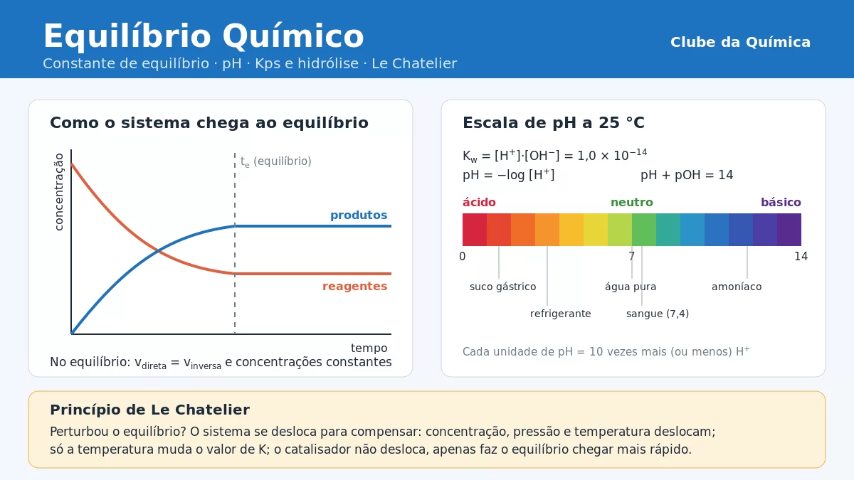 Infográfico de equilíbrio químico com o gráfico de concentração por tempo, a escala de pH e o princípio de Le Chatelier
